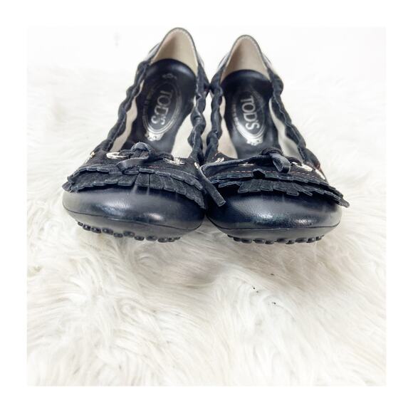 Tod's Size 9 Black Women's Leather Fringe Round Toe Ballet Driving Flat Shoes - Picture 7 of 13